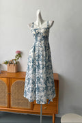 blue floral square neck vest dress