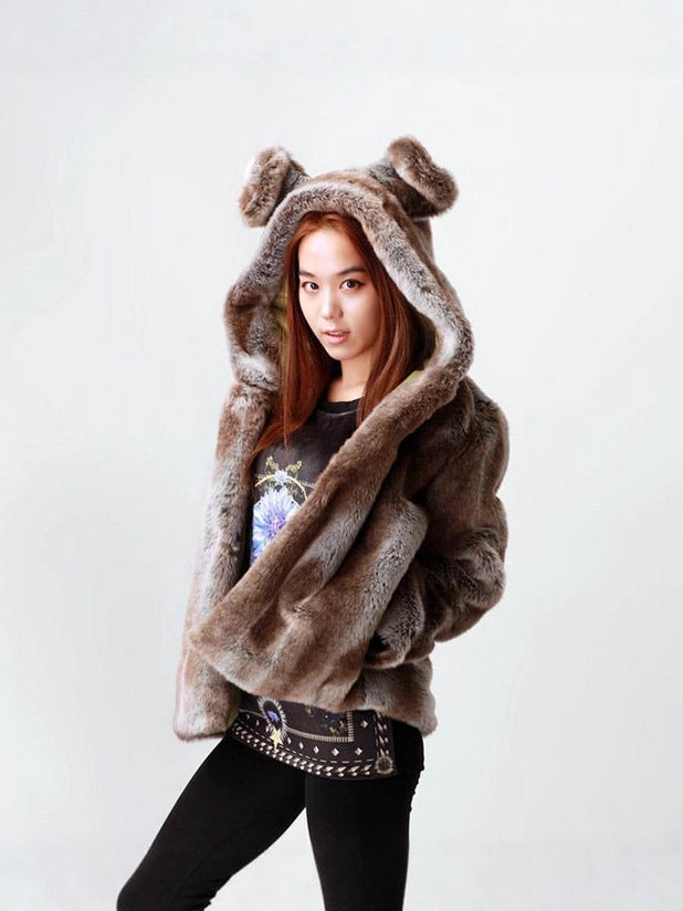 Faux Fur Jacket Bear Ears Cartoon Jacket
