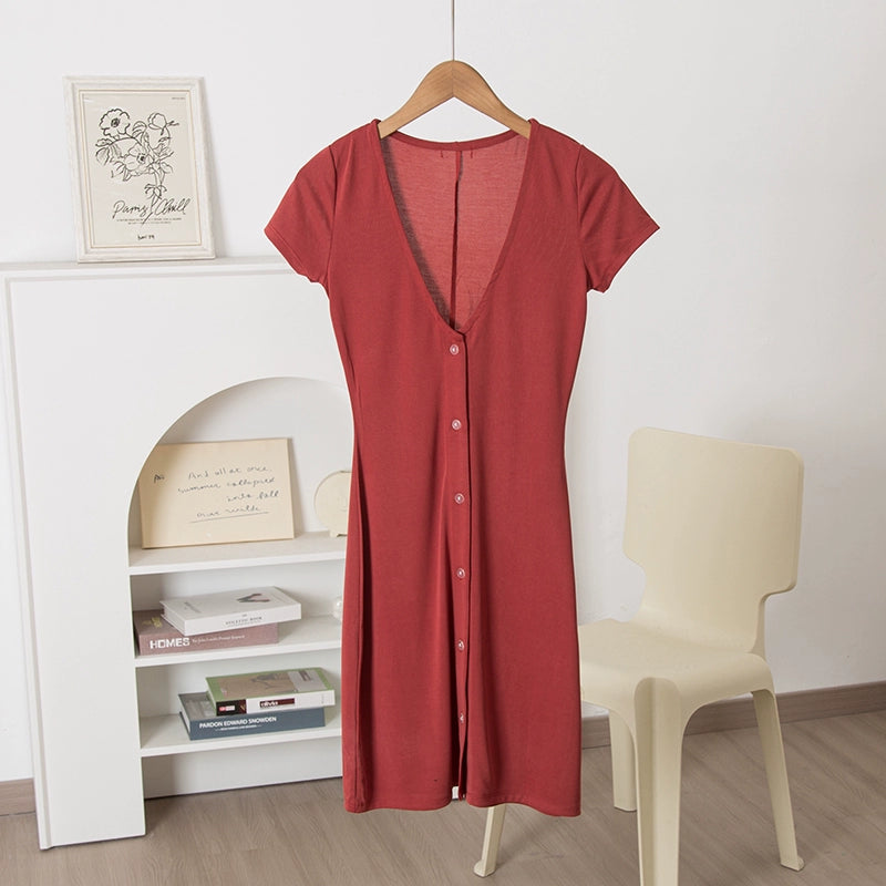Brick red V-neck short-sleeved knitted dress