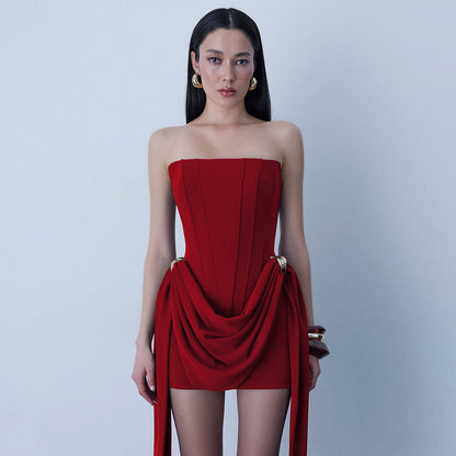 red open back bandeau streamer mini dress