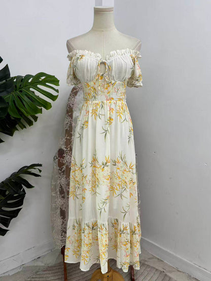 yellow floral pleated puff sleeve dress