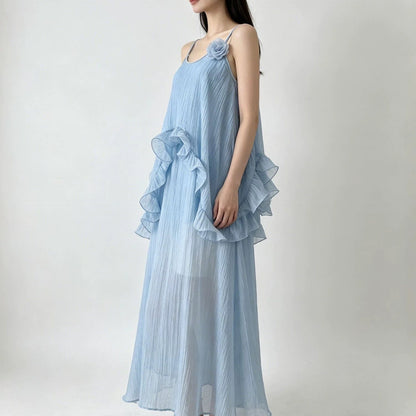 Irregular ruffle Tencel slip maxi dress - blue