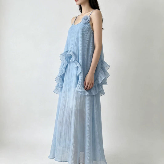 Irregular ruffle Tencel slip maxi dress - blue