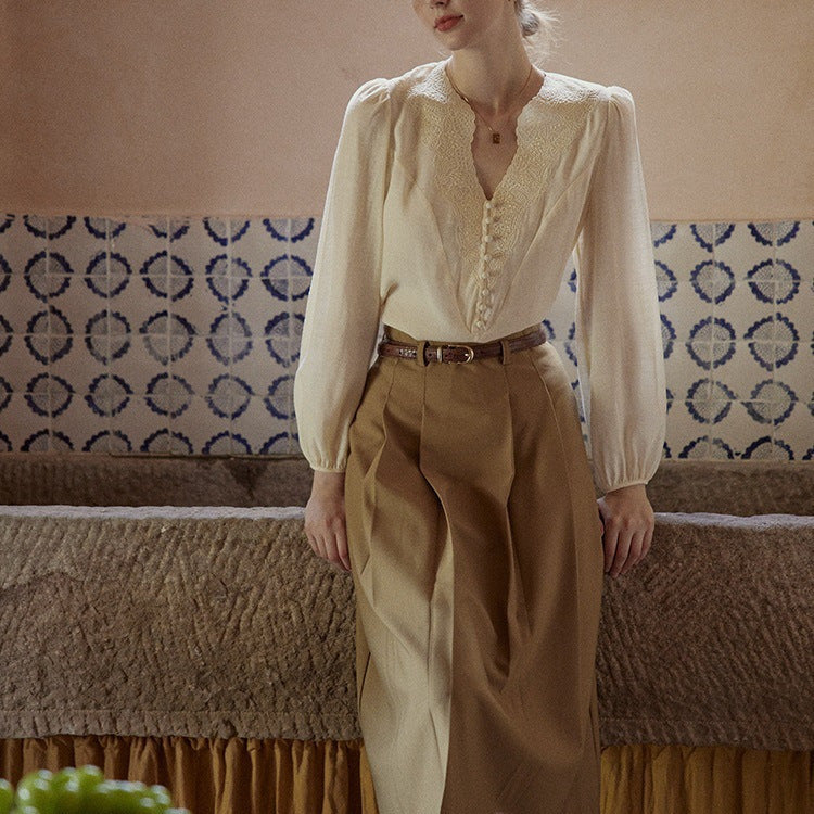 cream apricot V-neck top