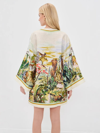 Vacation v-neck print long-sleeved mini dress