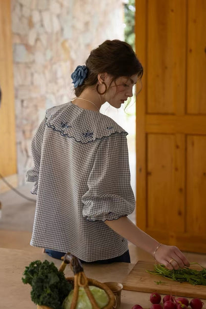 Blue floral embroidery lotus leaf collar lace-up shirt