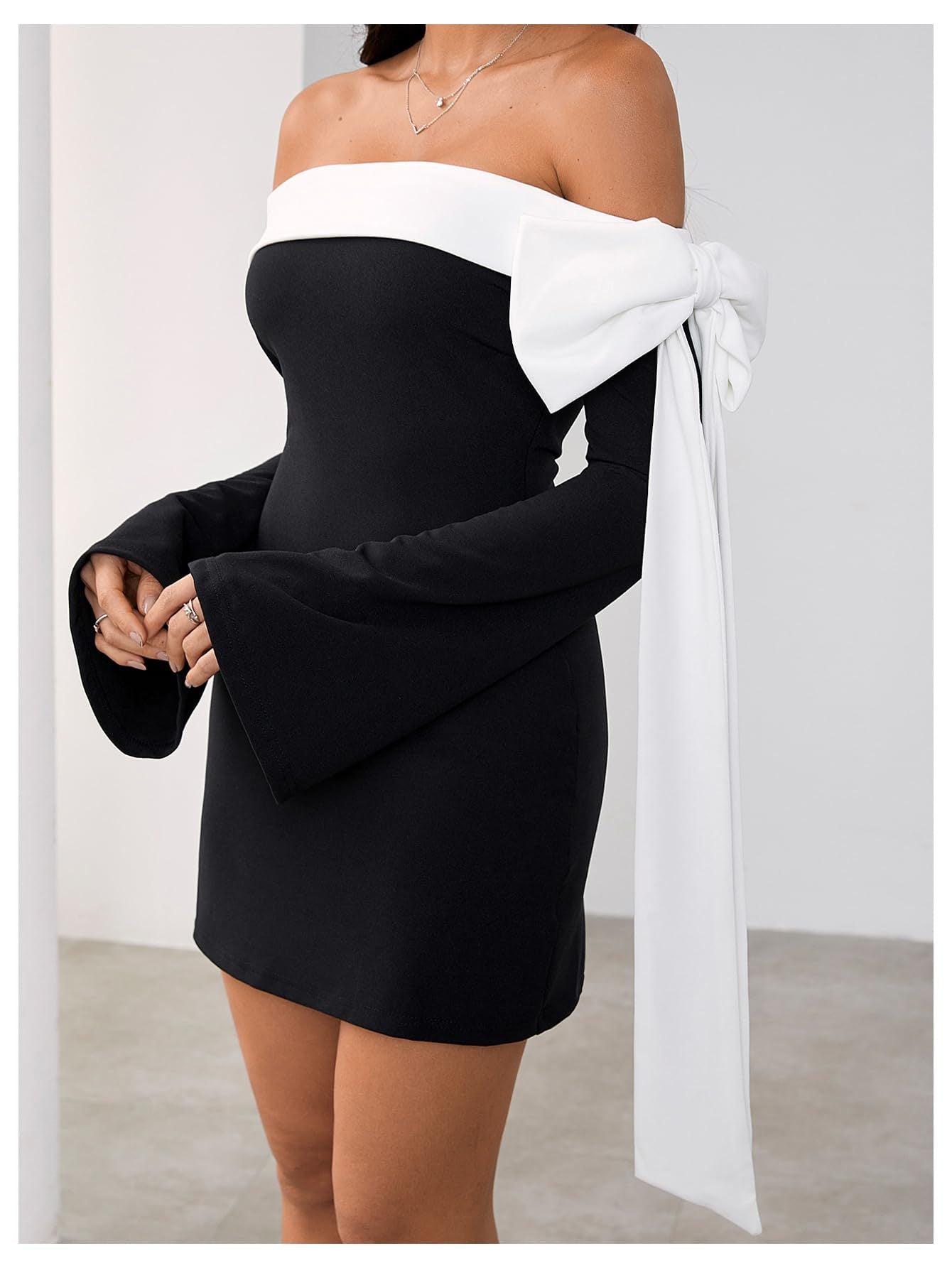 black Off-the-Shoulder Flared Sleeve Mini Dress