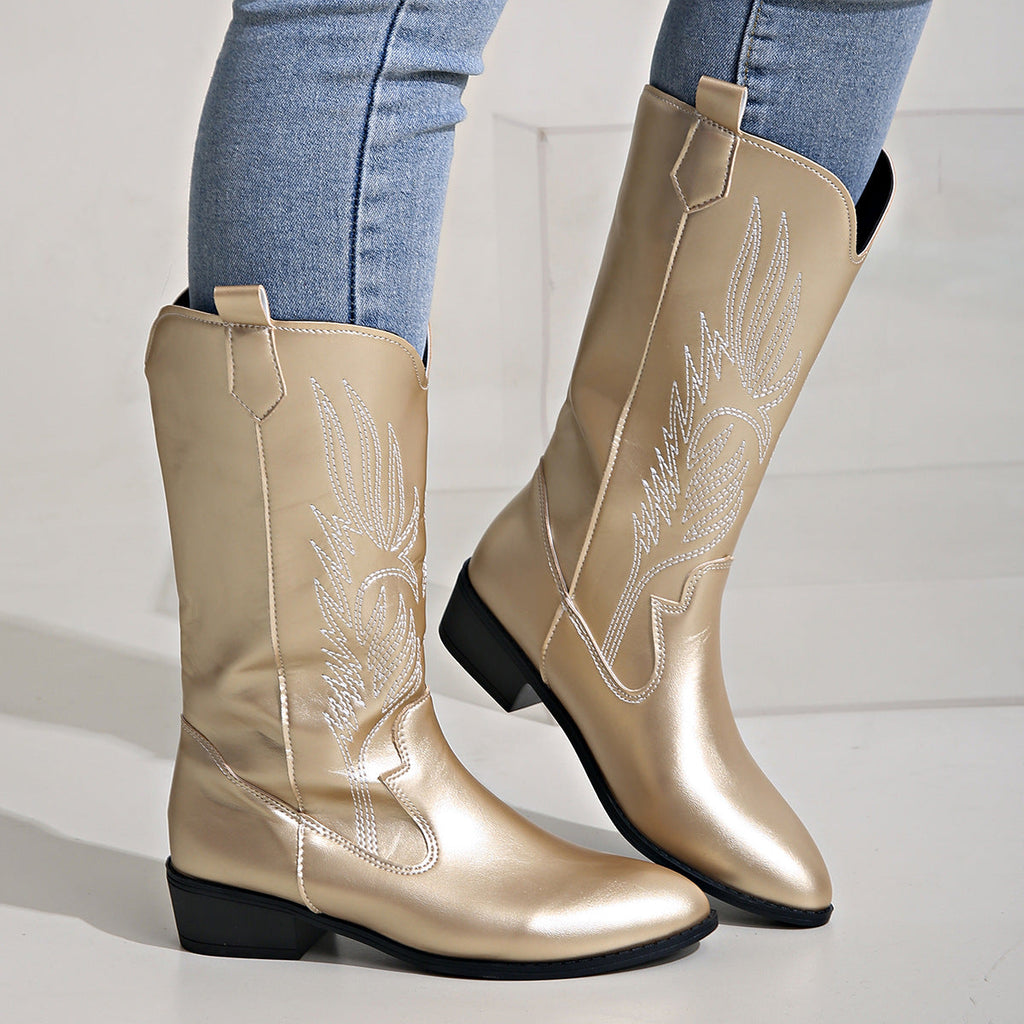 Glossy pointed toe square heel embroidered knight boots