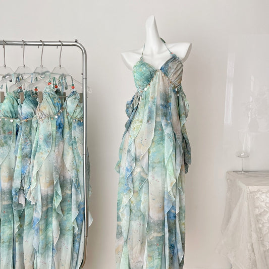 floral print ruffle trim midi dress in green - Holiday