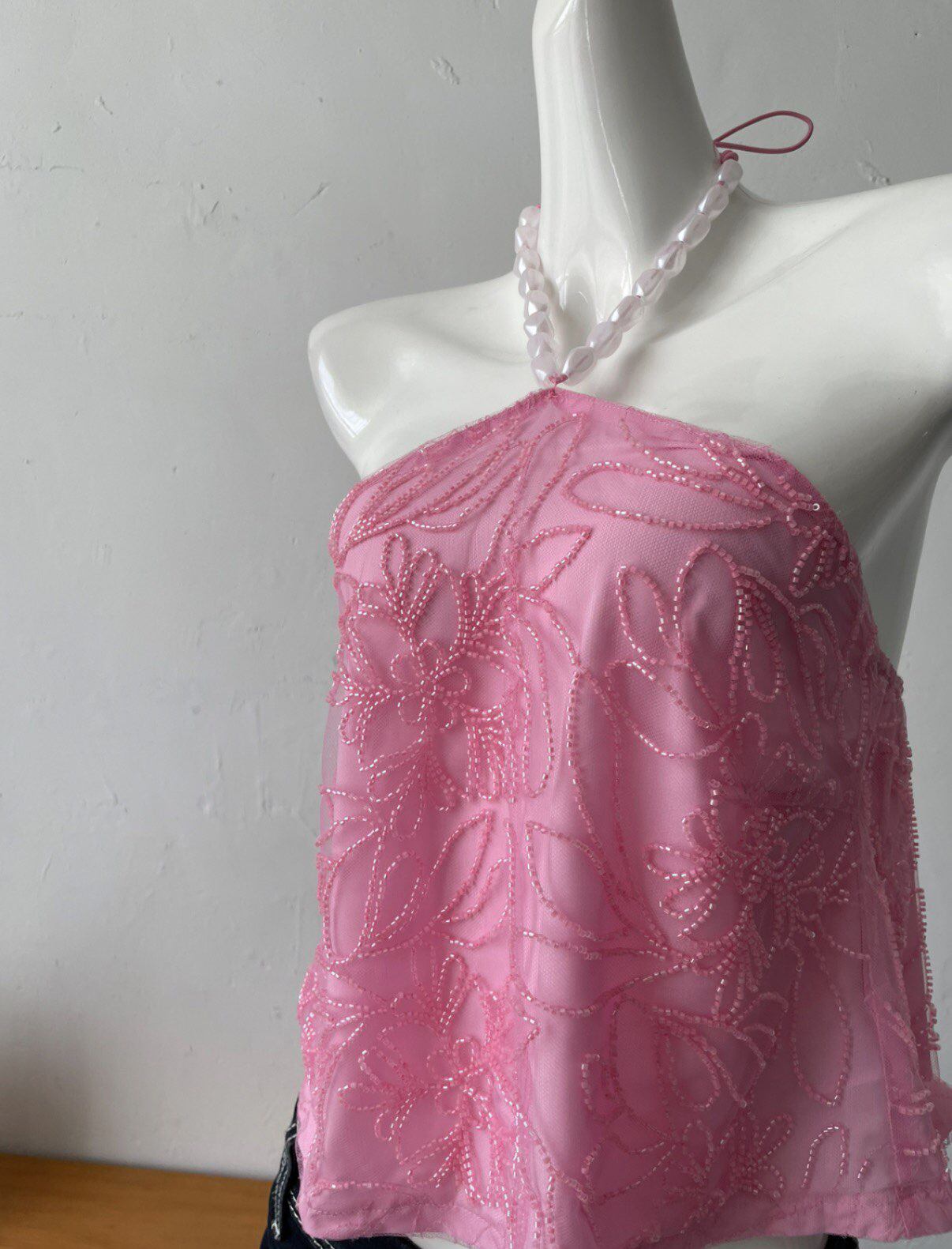 pink lace vest halterneck top