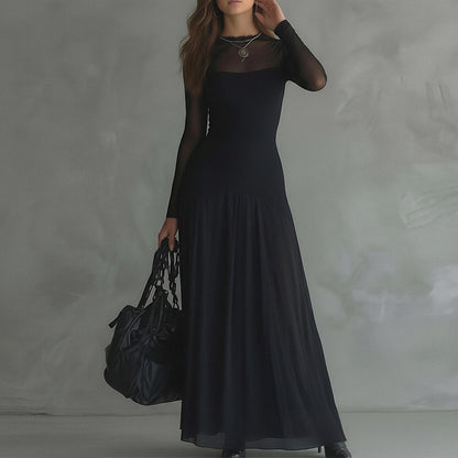 black Lace Splicing Slim maxi Dress