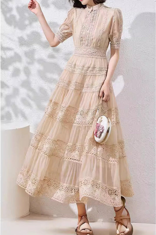 French-style lace-trimmed mesh maxi dress