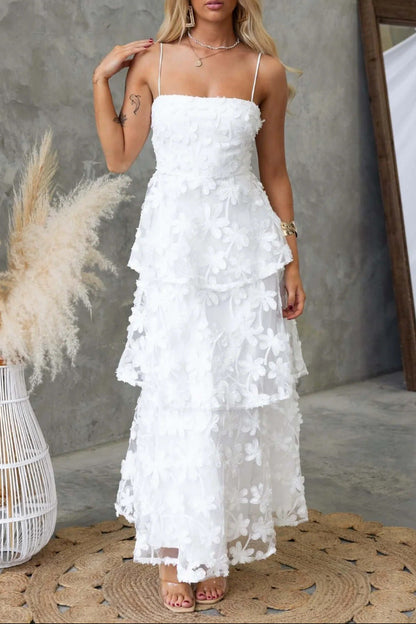 white Suspender maxi Dress