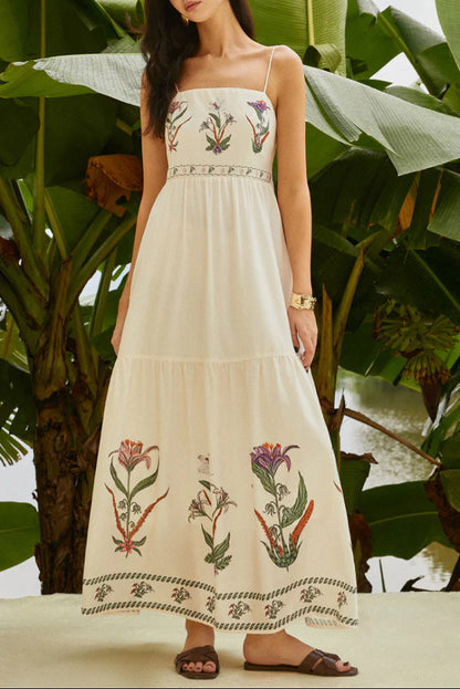 white suspender printed backless beach dress