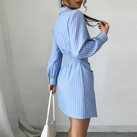 blue V-Neck Striped Pleated Slim mini Dress