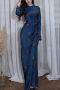 Long Sleeve Round Neck Ice Silk Breathable Flower Print maxi Dress
