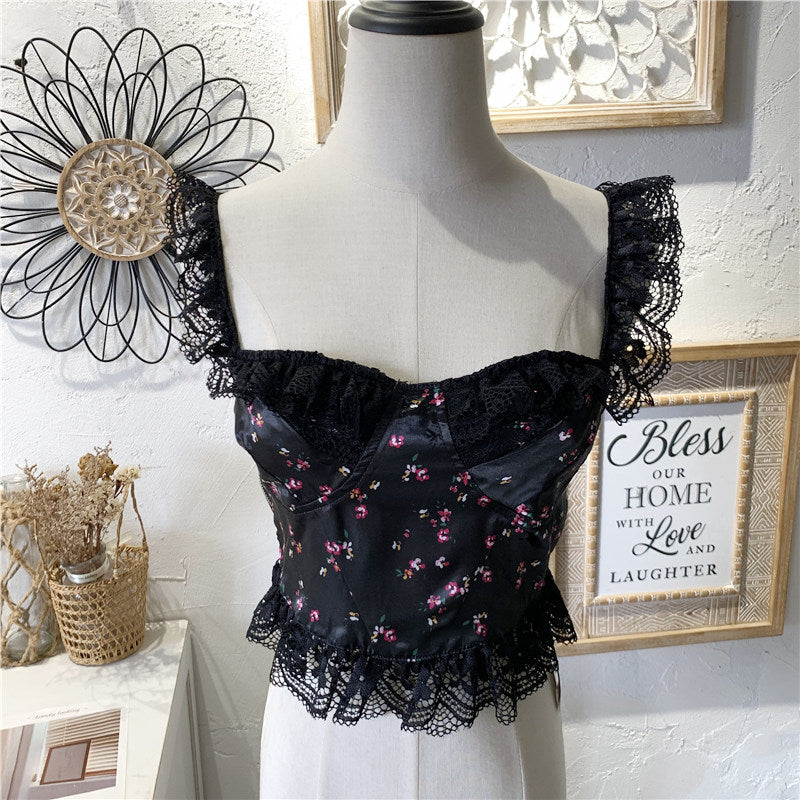 black floral lace panels suspenders