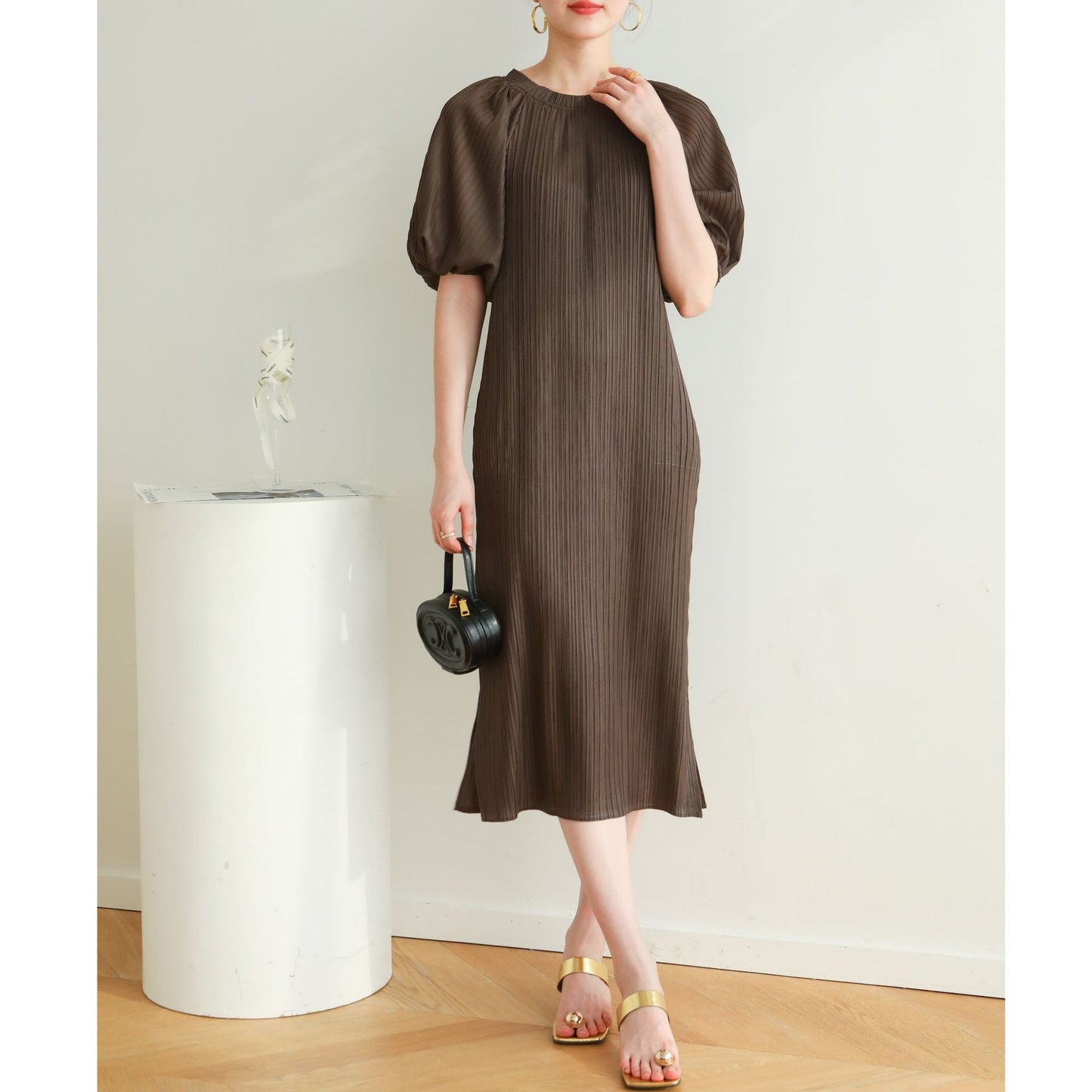 Pleated pastoral style bubble short-sleeved midi dress