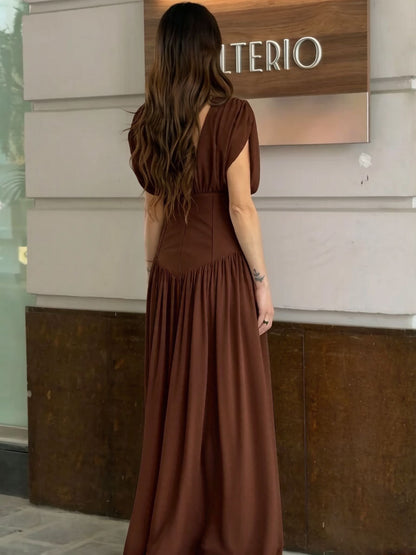 brown pleated  V-neck sleeveless asymmetrical dress