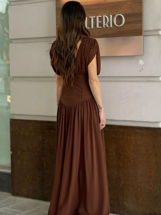 brown pleated  V-neck sleeveless asymmetrical dress