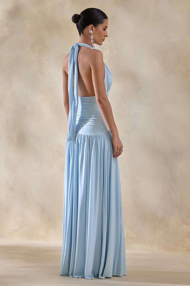 blue halterneck open back slip maxi dress