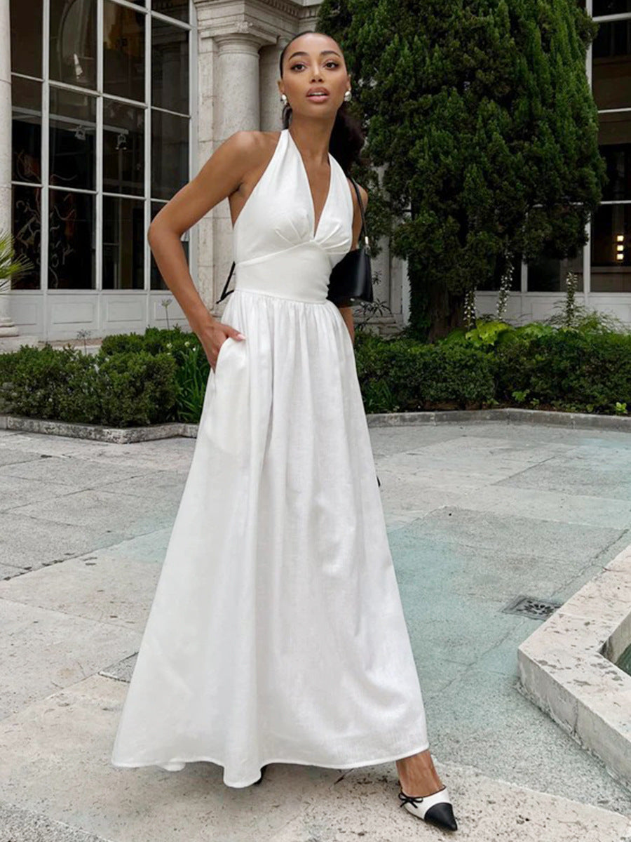 white Deep V-neck halter neck tie backless dress