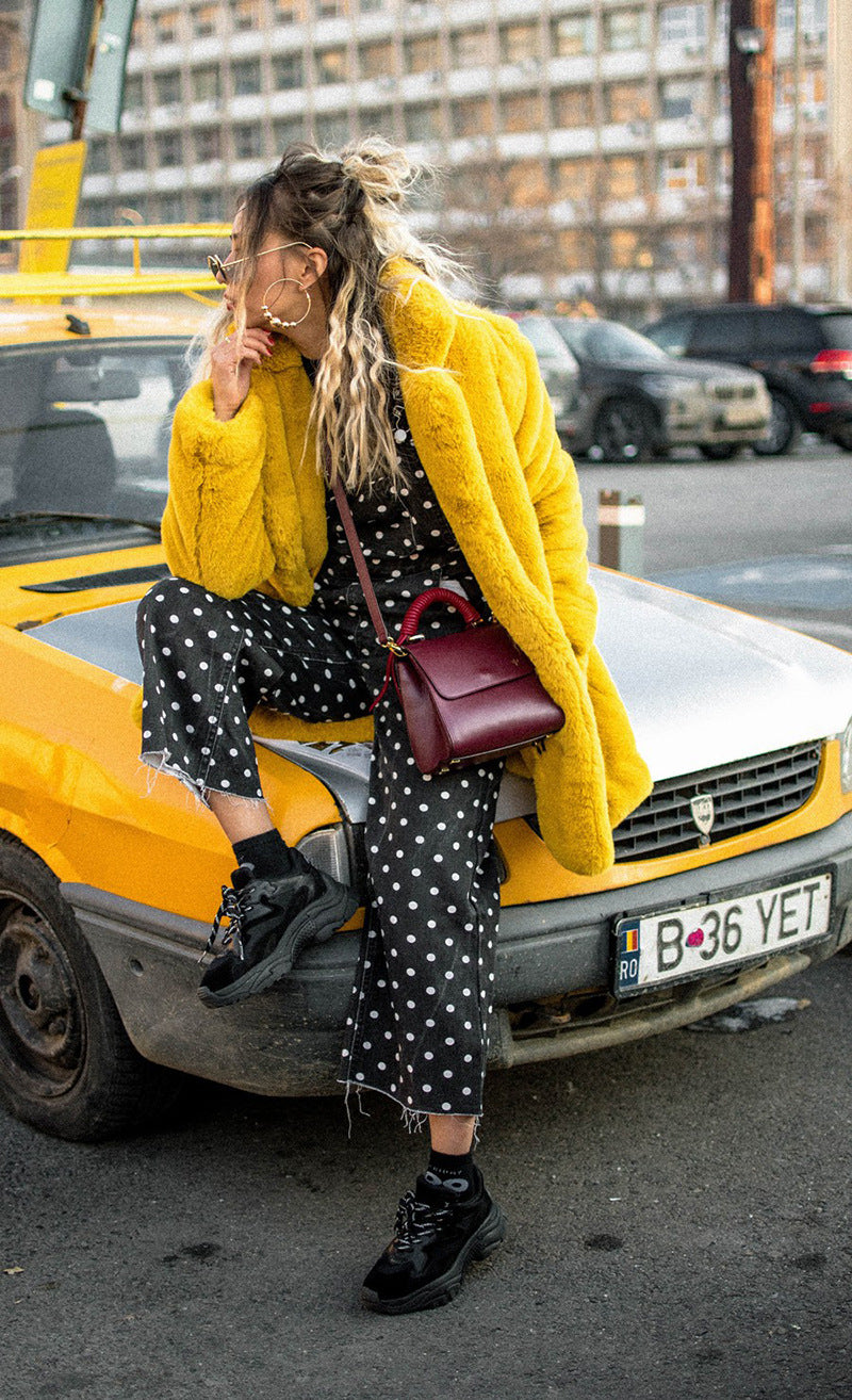 plus-size fur plush loose lapel midi coat