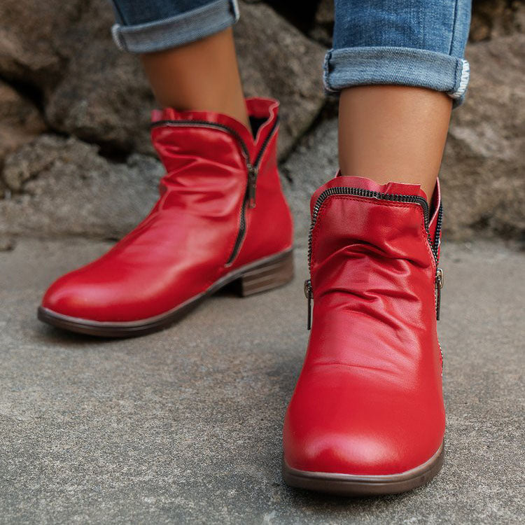Double side zip pleated leather ankle boots