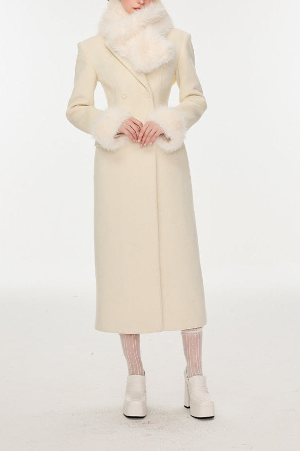 Ivory Slim faux fur mid-length woolen coat