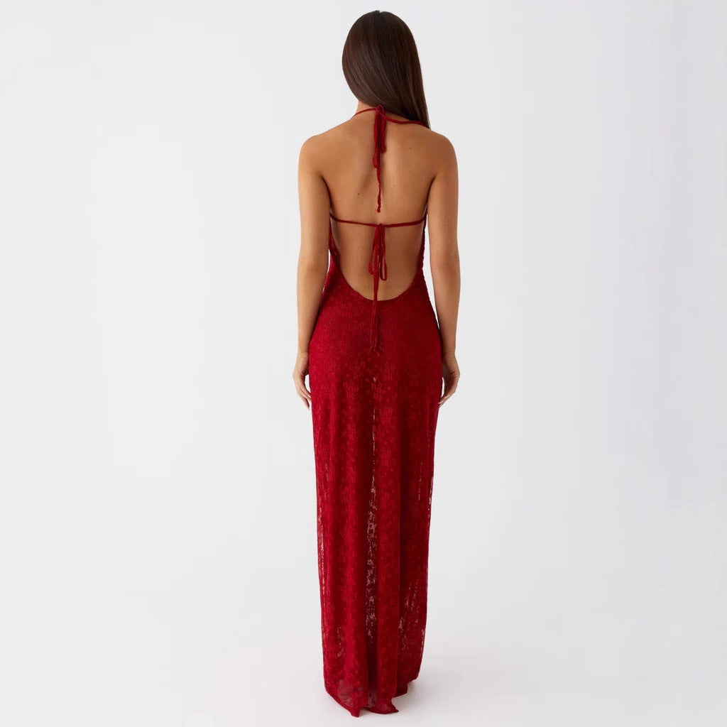 Lace-up long dress with open back and spaghetti straps - red