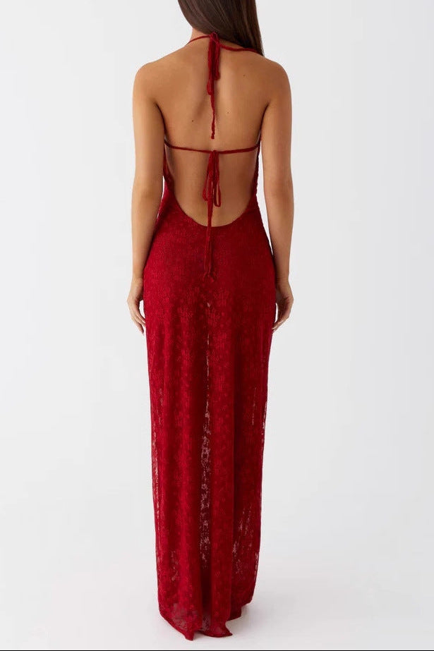 carlin red Lace-up backless slip dress