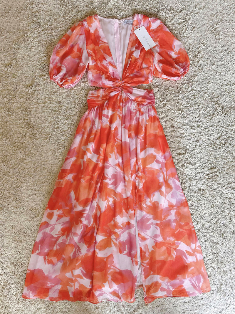 pressed waist slit floral V-neck dress