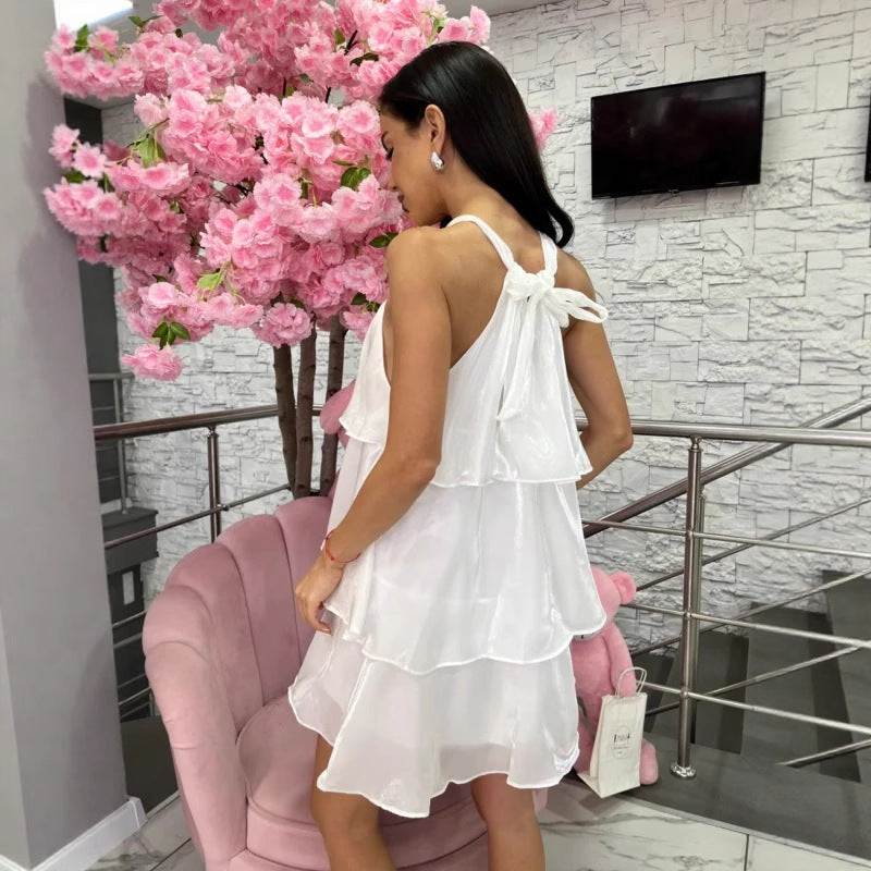 white Ruffled satin mini dress