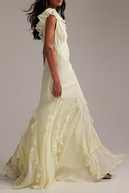light yellow splicing ruffled maxi dress