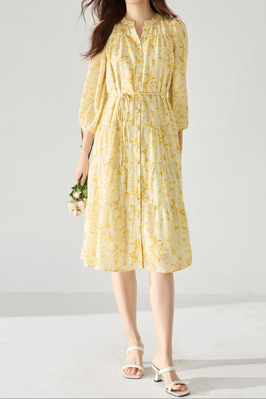 rachel floral puff sleeve midi dress - yellow