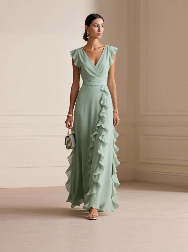 green Pleated Sleeveless V-Neck maxi Dress