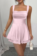 pink Square neck sleeveless suspender mini dress