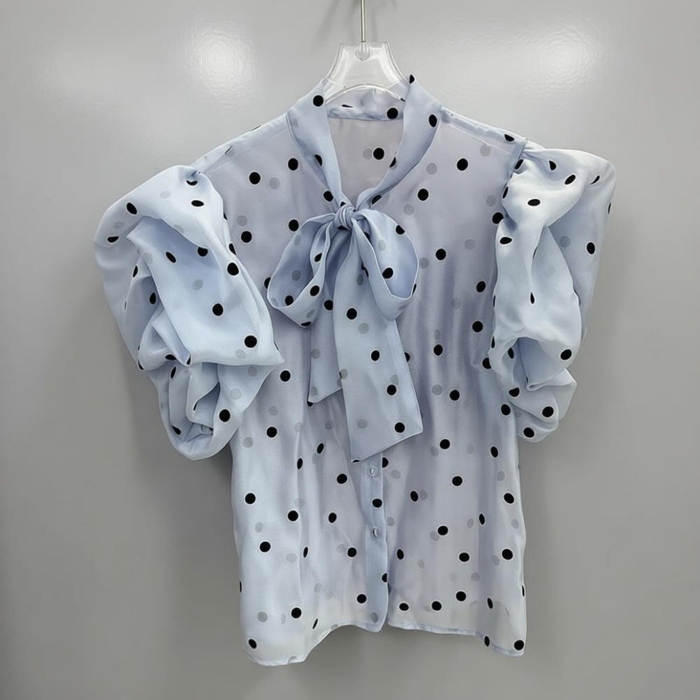 3D bow-tie puff sleeve polka dot sheer shirt