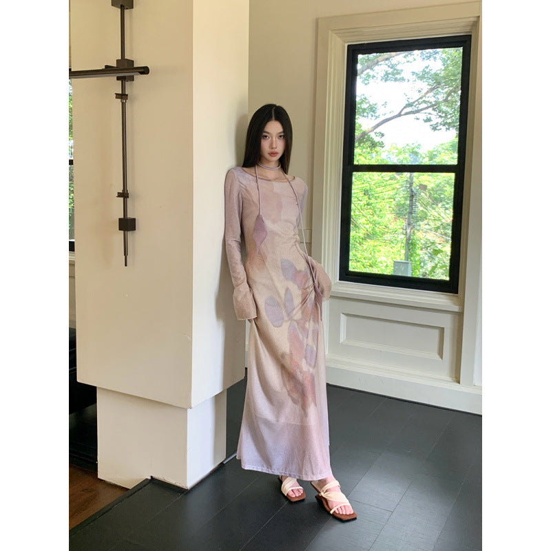Mesh floral Print Long-Sleeve maxi Dress