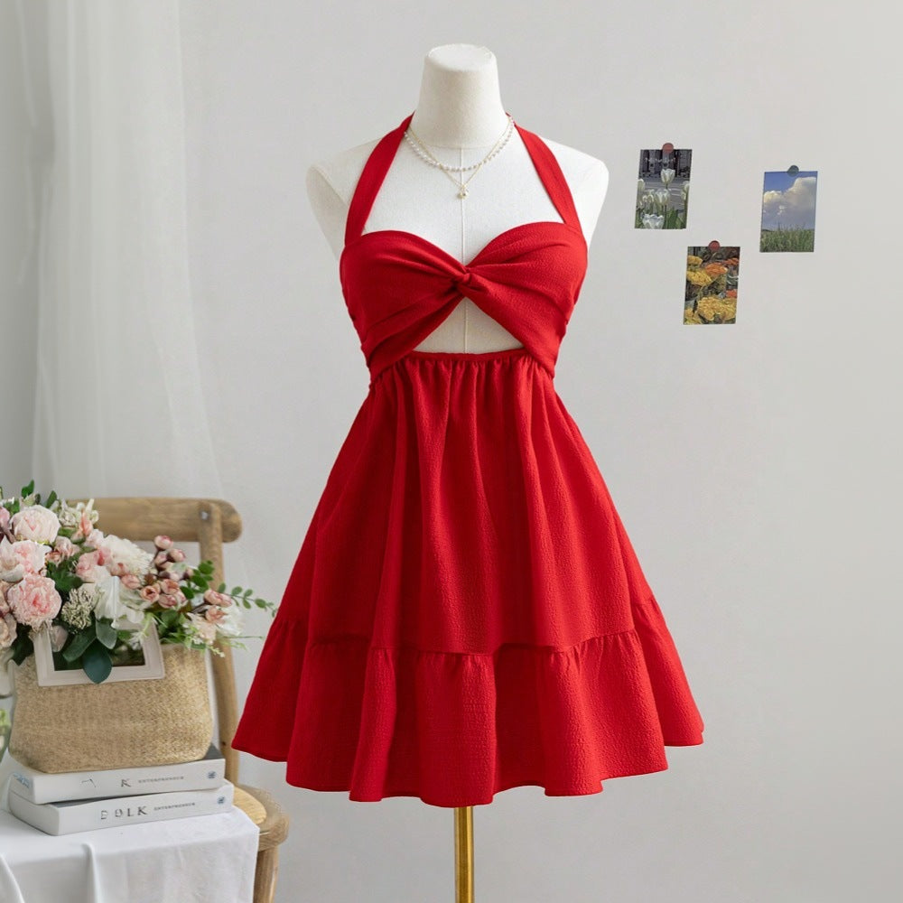 grace Red halter-neck backless mini dress