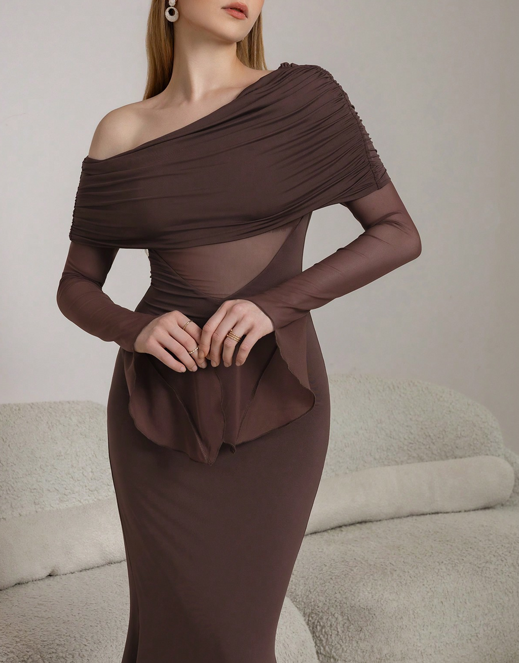 brown one-shoulder long-sleeved maxi dress