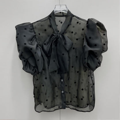 3D bow-tie puff sleeve polka dot sheer shirt