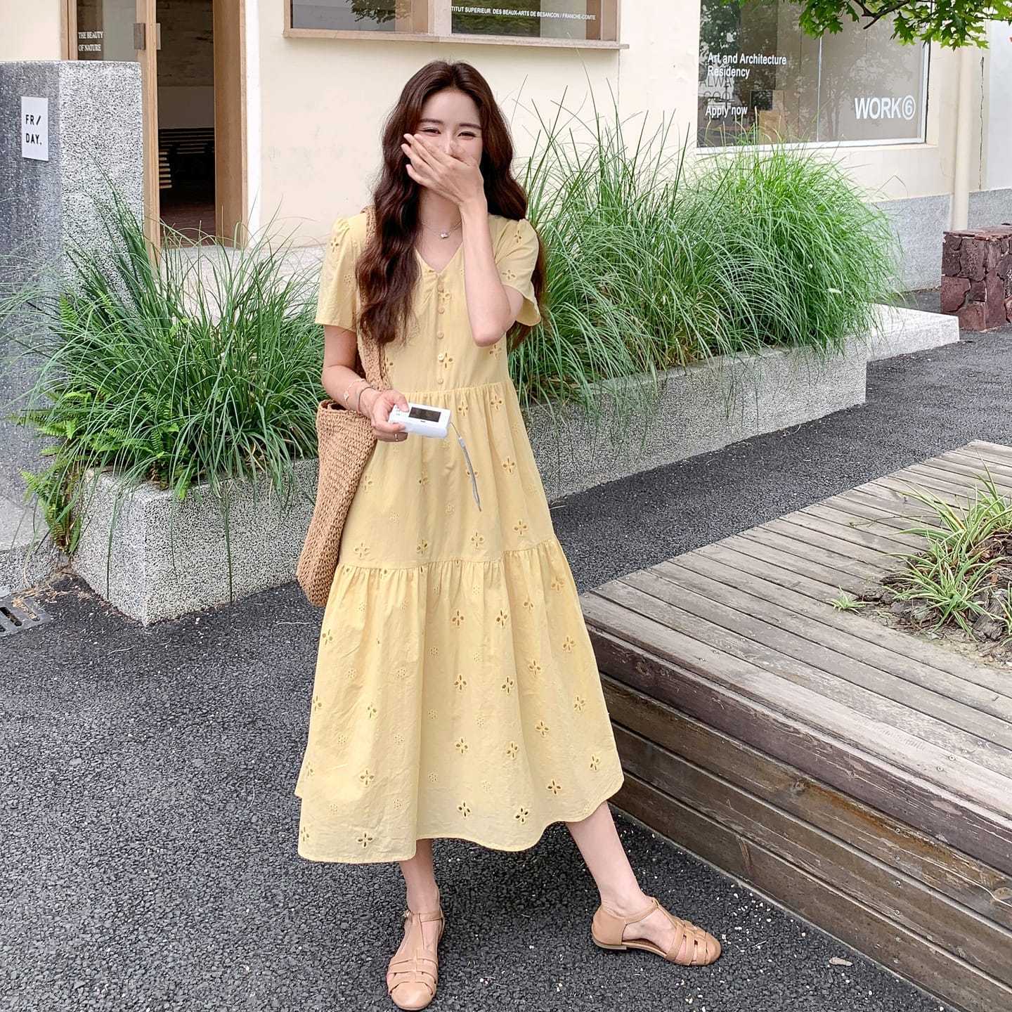 v-neck openwork floral embroidered midi dress - Yellow