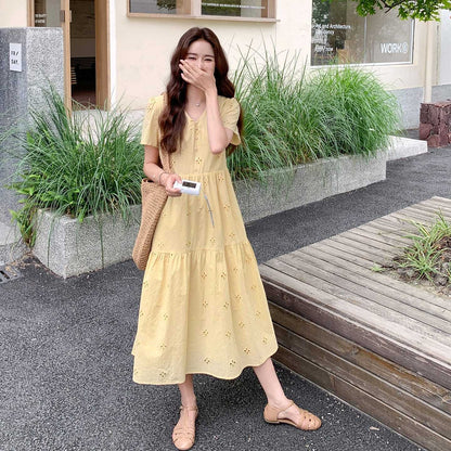 v-neck openwork floral embroidered midi dress - Yellow