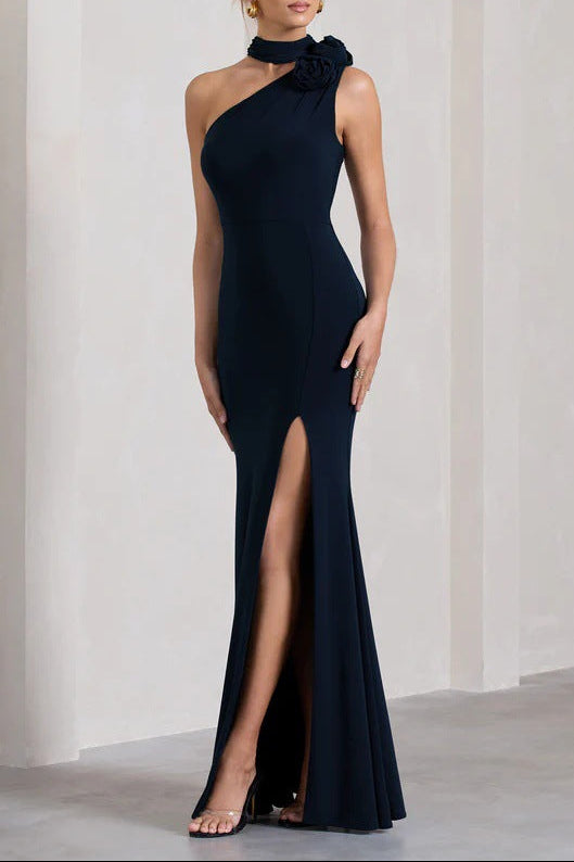 black One-shoulder slit three-dimensional floral dress