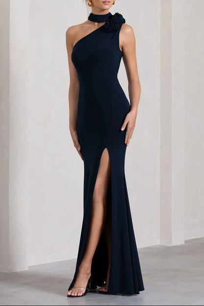black One-shoulder slit three-dimensional floral dress