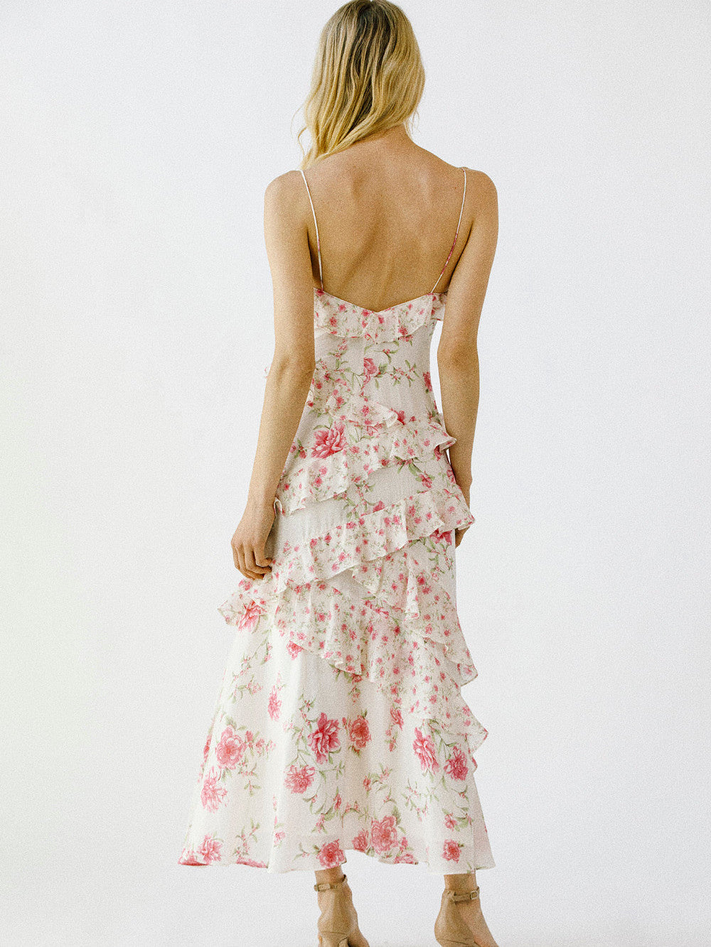 white floral ruffled slip dress