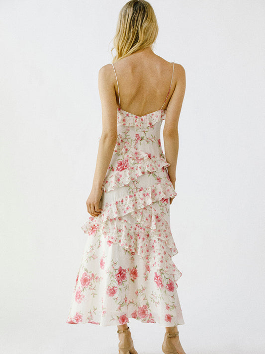 white floral ruffled slip dress
