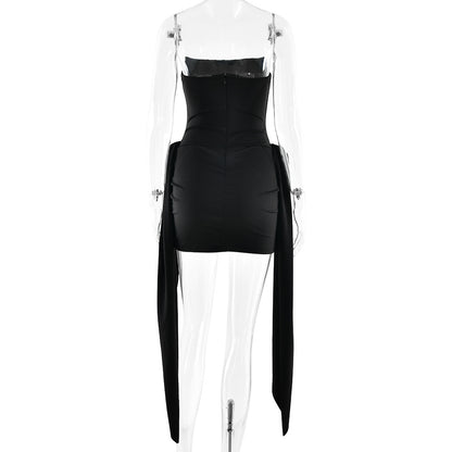 black open back bandeau streamer mini dress