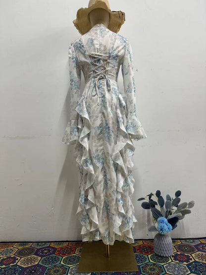 blue print satin long sleeve maxi dress